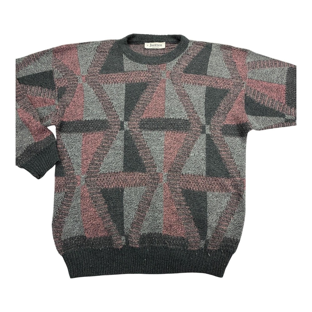 Vintage Jantzen Sweater Mens M Gray Geometric Graphic Acrylic Pullover Crewneck